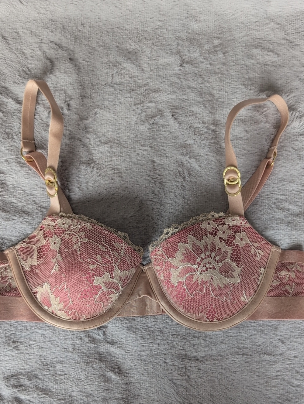 Stella McCartney Pink and Cream Floral Lace Underwire Bra with Gold Rings